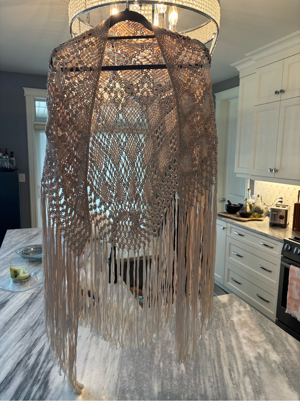 True vintage hand crafted fringed nude colour shawl
Wedding guest